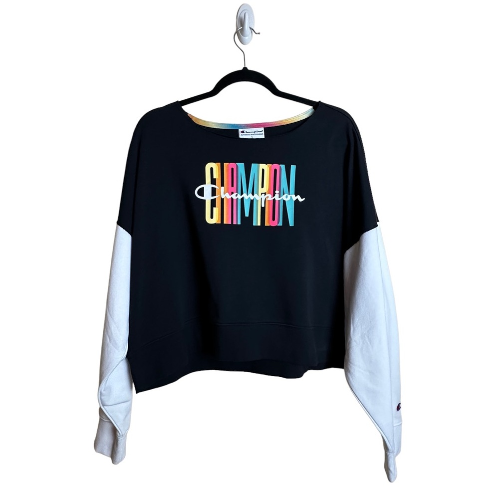 Champion Campus French Terry Crewneck Sweatshirt Black White Rainbow Size Large